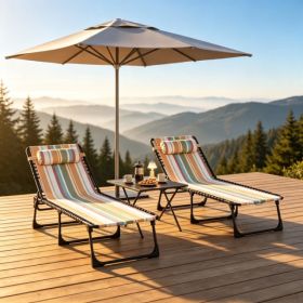 Striped 2 Folding Outdoor Lounge Chairs For Beach Camping Use, Pillow, Mesh & Bungee Seat (Option: 22257920)