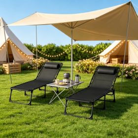 Black 2 Folding Chaise Lounge Pool Chairs For Poolside Tanning, Pillow, Breathable Mesh (Option: 32239985)