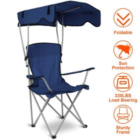 Foldable Beach Canopy Chair Sun Protection Camping Lawn Canopy Chair 330LBS Load Folding Seat w/ Cup Holder For Beach Poolside Travel Picnic (Color: Navy Blue)