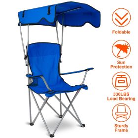 Foldable Beach Canopy Chair Sun Protection Camping Lawn Canopy Chair 330LBS Load Folding Seat w/ Cup Holder For Beach Poolside Travel Picnic (Color: Blue)