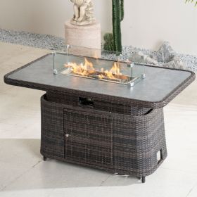 Direct Wicker Rectangular Propane Lift-Top Patio Fire Pit Table with Wind  Glass Wind Guard & Cover,Grey (Color: Brown)